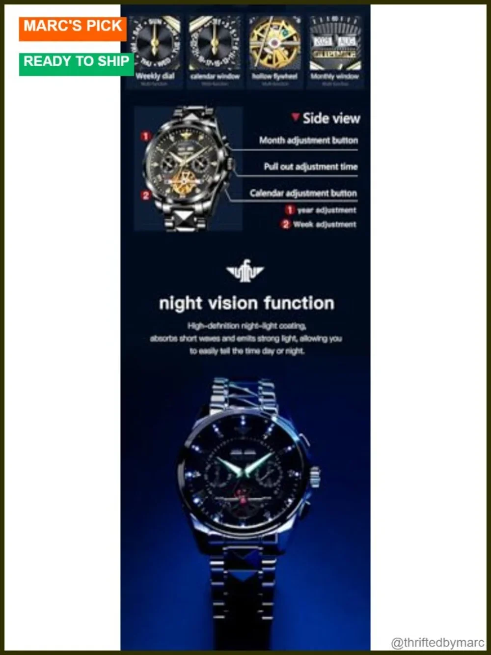 Automatic Self Winding Mechanical Skeleton Wrist Watch Stainless Steel Luminous
